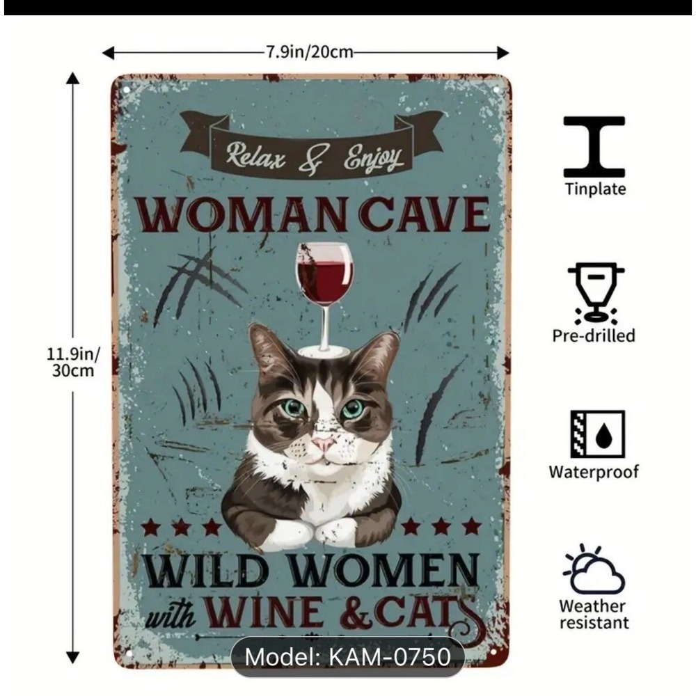 Cats and Wine Sign Woman Cave Metal Plaque NWT - Picture 2 of 3